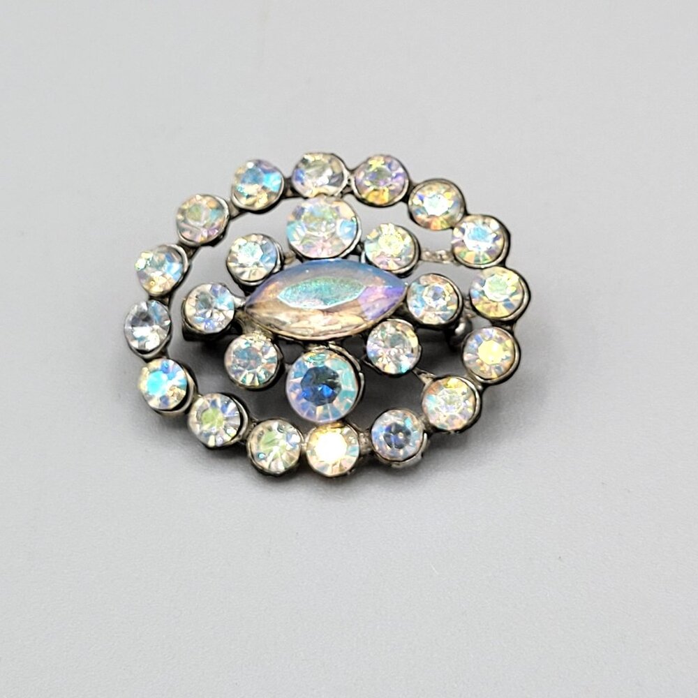 Vintage Iridescent AB Aurora Borealis Cluster Brooch Navette Center 1960s
